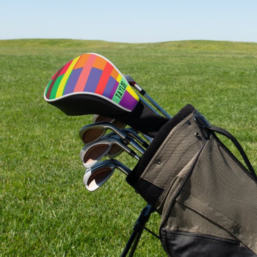 Kleur blok Streep Monogram Naam Regenboog Golfheadcover (Insitu)
