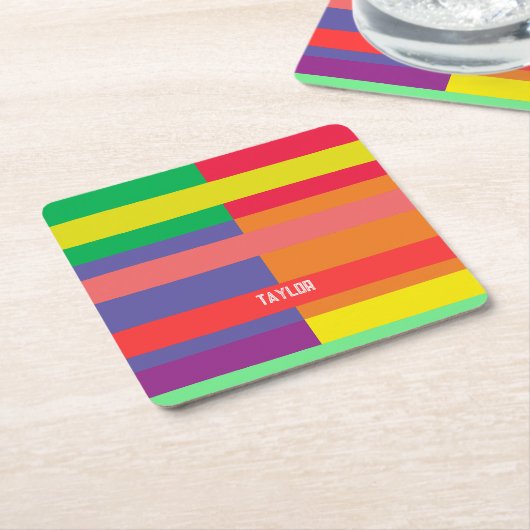 Kleur blok Streep Monogram Naam Regenboog Kartonnen Onderzetters (Schuin)