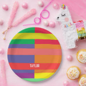 Kleur blok Streep Monogram Naam Regenboog Papieren Bordje (Feest)