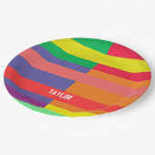 Kleur blok Streep Monogram Naam Regenboog Papieren Bordje (Gekanteld)