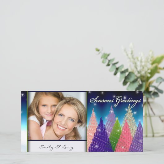 Kleur burst kerstboom foto kaart sjabloon (Staand voorkant)