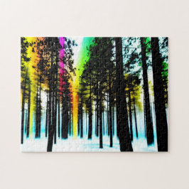 Kleur die door zwart silhouetbos plat legpuzzel