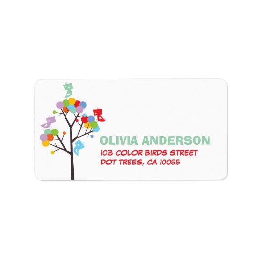 Kleur Dot Bomen Schattigee Vogels Party Adresetike Etiket (Voorkant)