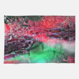 Kleur en getextureerd landschap in rood en groen theedoek