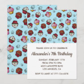 Kleur feestuitnodigingen 7e verjaardagsjongen blau kaart (Voorkant / Achterkant)