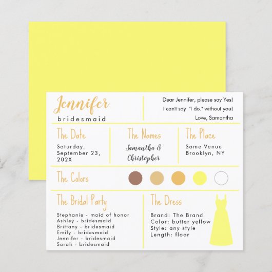 Kleur geel jurk bruidsmeisje informatiekaart (Voorkant / Achterkant)