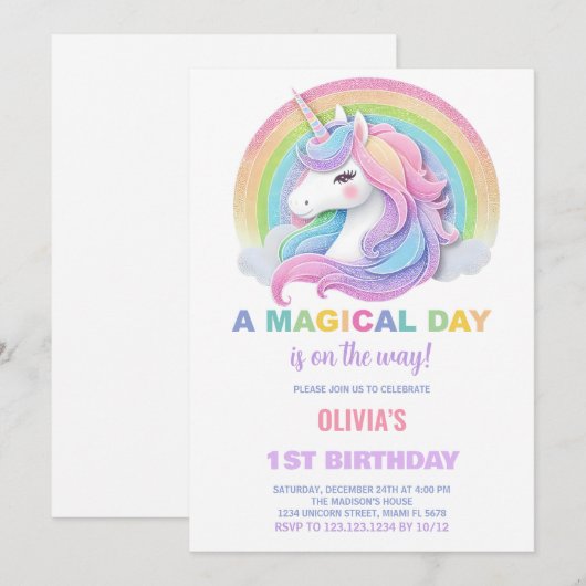 Kleur Glitter Eenhoorns Verjaardag Uitnodigingen (Voorkant / Achterkant)