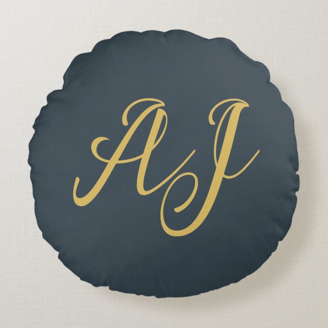 Kleur goud monogram professionele initiaal houtsko rond kussen (Voorkant)