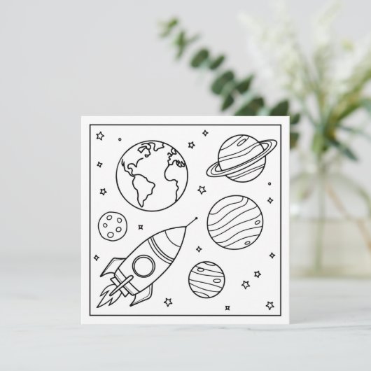 Kleur het! Space Rocket Custom Naam Kind Verjaarda Kaart (Staand voorkant)