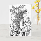 Kleur het zelf Fantasy Art Vrouw in Rozen Kaart (Gele Bloem)