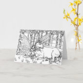 Kleur het zelf Fantasy Fairy en Unicorn Kaart (Gele Bloem)