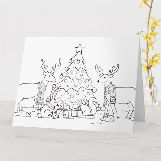 Kleur in dier kerstkaart kaart (Gele Bloem)