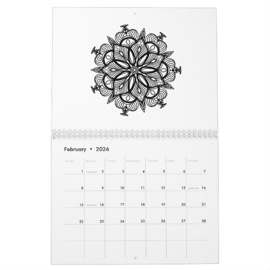 Kleur in zwart-wit kaleidoscoop mandala kalender (Feb 2026)