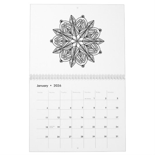 Kleur in zwart-wit kaleidoscoop mandala kalender (Jan 2026)