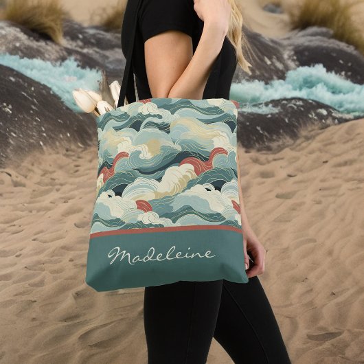 kleur Japans geïnspireerde golven en monogram Tote Bag