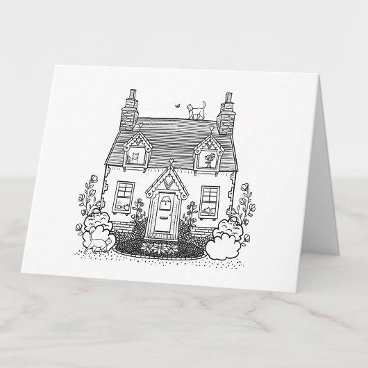 Kleur je eigen Engels huisje en katten Blank Bedankkaart