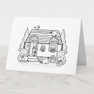 Kleur je eigen gezellige huis en wasberen blanco bedankkaart