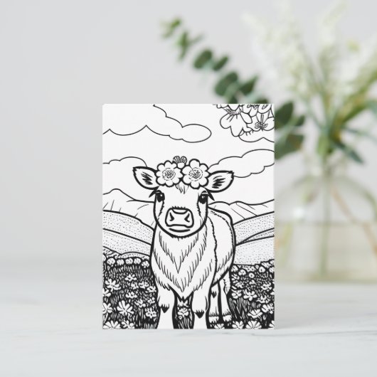 Kleur je eigen! Hoogland Koe Kalf in Bloemen Briefkaart (Staand voorkant)