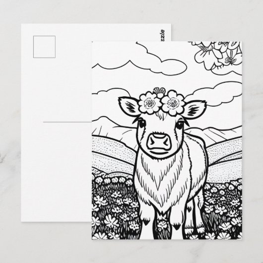 Kleur je eigen! Hoogland Koe Kalf in Bloemen Briefkaart (Voorkant / Achterkant)