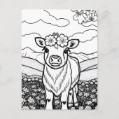 Kleur je eigen! Hoogland Koe Kalf in Bloemen Briefkaart (Voorkant)