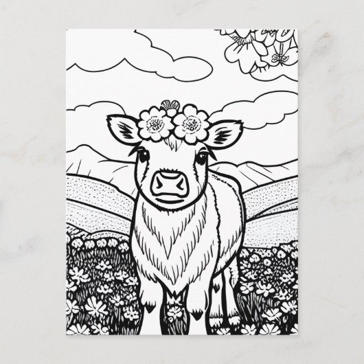 Kleur je eigen! Hoogland Koe Kalf in Bloemen Briefkaart (Voorkant)