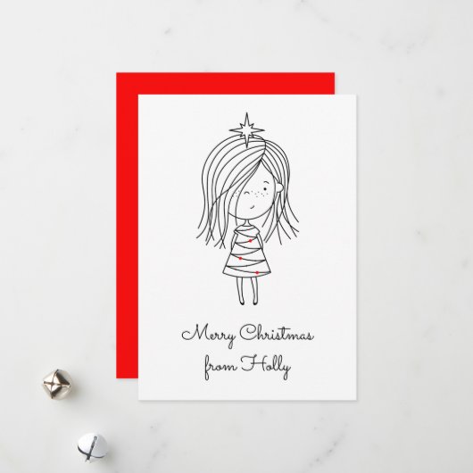 Kleur je eigen kerstverlichting meisje feestdagenkaart (Voorkant / Achterkant in situ)