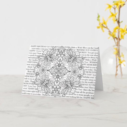 Kleur me, mam's verjaardag libellen en bloemen kaart (Gele Bloem)