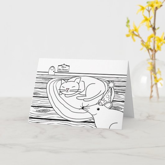 Kleur me verjaardag, slapende kat en muis huis kaart (Gele Bloem)