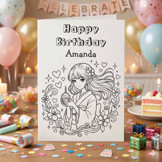 Kleur mij | Anime meisje en Cupcake Verjaardag Kaart