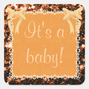 Kleur naar wens baby shower uniseks oranje glitter vierkante sticker
