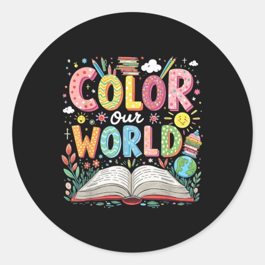 Kleur Ons Wereldboek Leesprogramma 2025 Zomer Ronde Sticker (Voorkant)