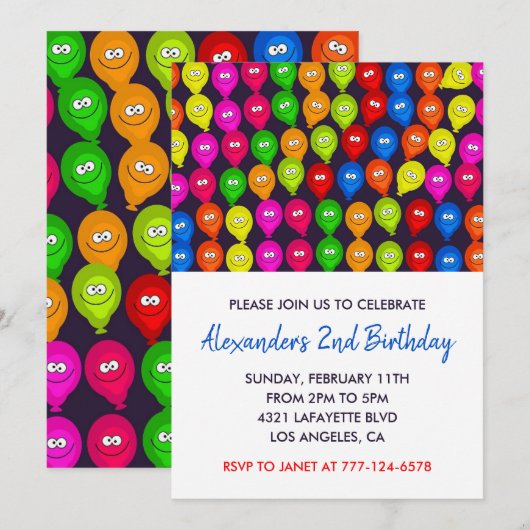 Kleur party uitnodigingen 2e jongen ballonnen mons (Voorkant / Achterkant)