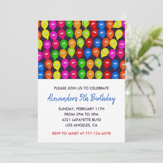 Kleur party uitnodigingen 5th jongen ballonnen mon (Staand voorkant)