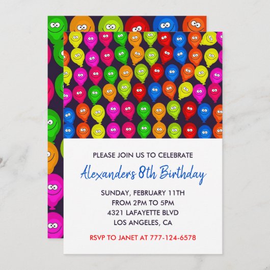 Kleur party uitnodigingen 8e jongen ballonnen mons (Voorkant / Achterkant)