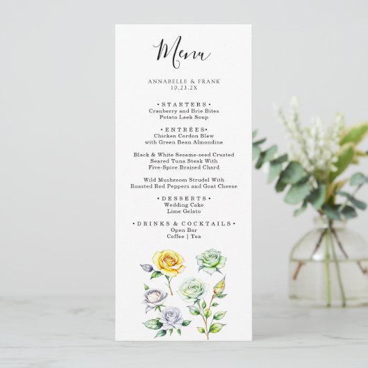 Kleur Potlood Art Bloemen Rozen Bruiloft Menu Kaar (Staand voorkant)