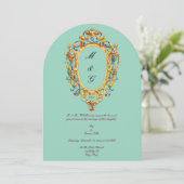 Kleur Rococo Wapenschild Monogram Foto Bruiloft Kaart (Staand voorkant)