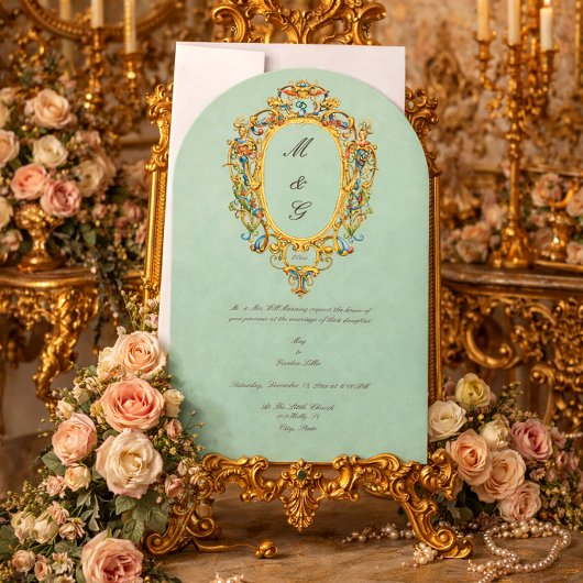 Kleur Rococo Wapenschild Monogram Foto Bruiloft Kaart