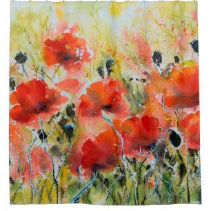 Kleur rode papaverbloemen in water. Bloemen in Douchegordijn
