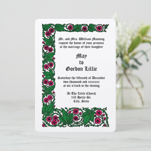 Kleur Roos Bloemen Vine Border Bruiloft Kaart (Staand voorkant)