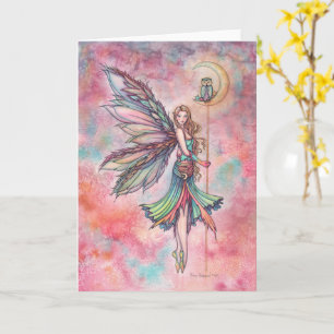 Kleur Speel Fee en Uil op Maan Fantasie Kunst Kaart