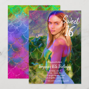 Kleur Spetterende Zeemeermin Foto Sweet 16 Feestje Kaart