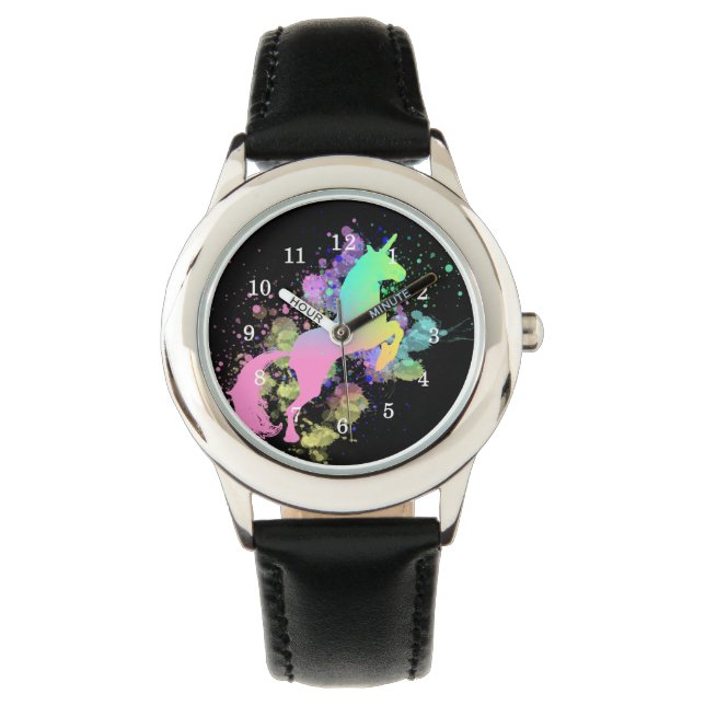 Kleur Splash Fantasy Rainbow Eenhoorn Horloge (Voorkant)