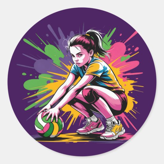 Kleur Splash Volleybal Meisje Verjaardagsfeestje Ronde Sticker (Voorkant)