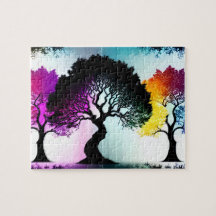 Kleur Splashes op zwarte Silhouette Bomen