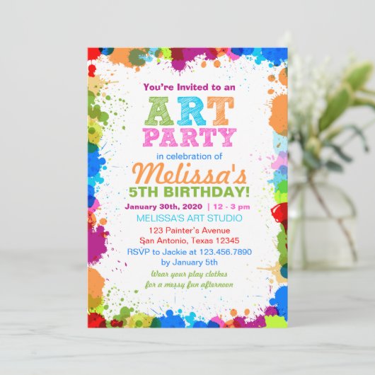 Kleur Splatter Art Verjaardag Party Uitnodiging (Staand voorkant)