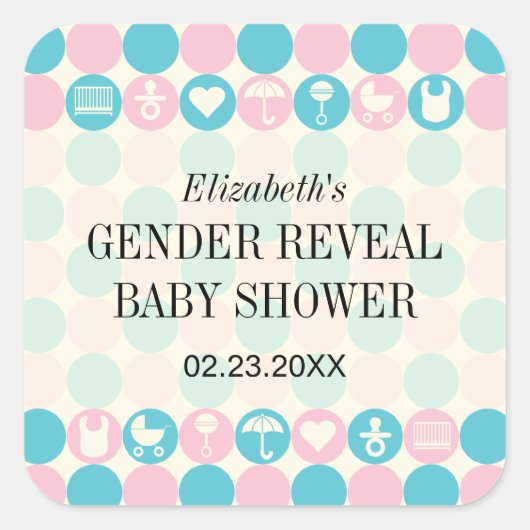 Kleur Stippen Geslacht Onthullen Baby shower Stick Vierkante Sticker (Voorkant)