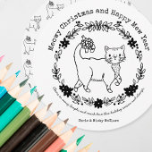 Kleur uw eigen kerstcadeaukaart rond kat feestdagenkaart