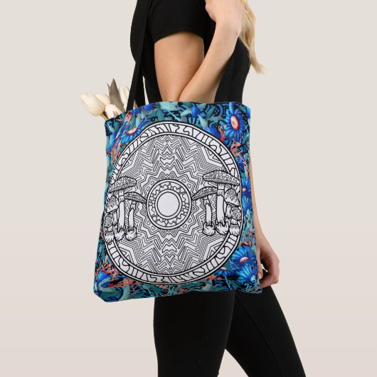 Kleur uw eigen paddenstoel Mandala Craft Blue Flor Tote Bag (Dichtbij)