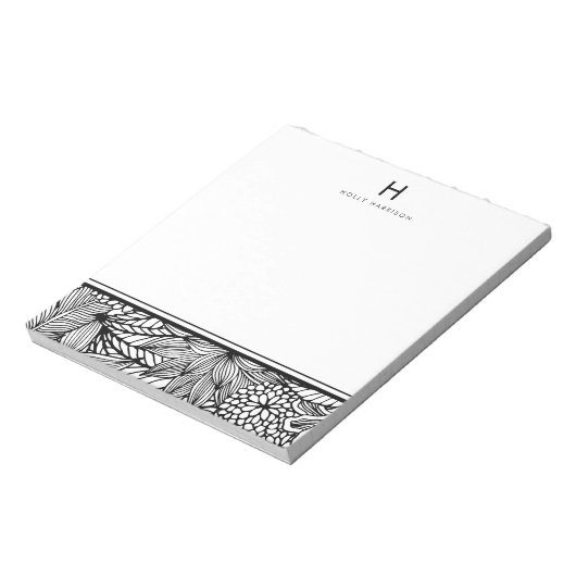 Kleur uw eigen | Tropisch zwart-wit monogram Notitieblok (Linkerzijde)