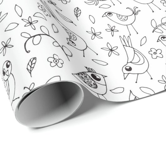 Kleur uw eigen witte vogels en bloemen cadeaupapier (Rol Hoek)